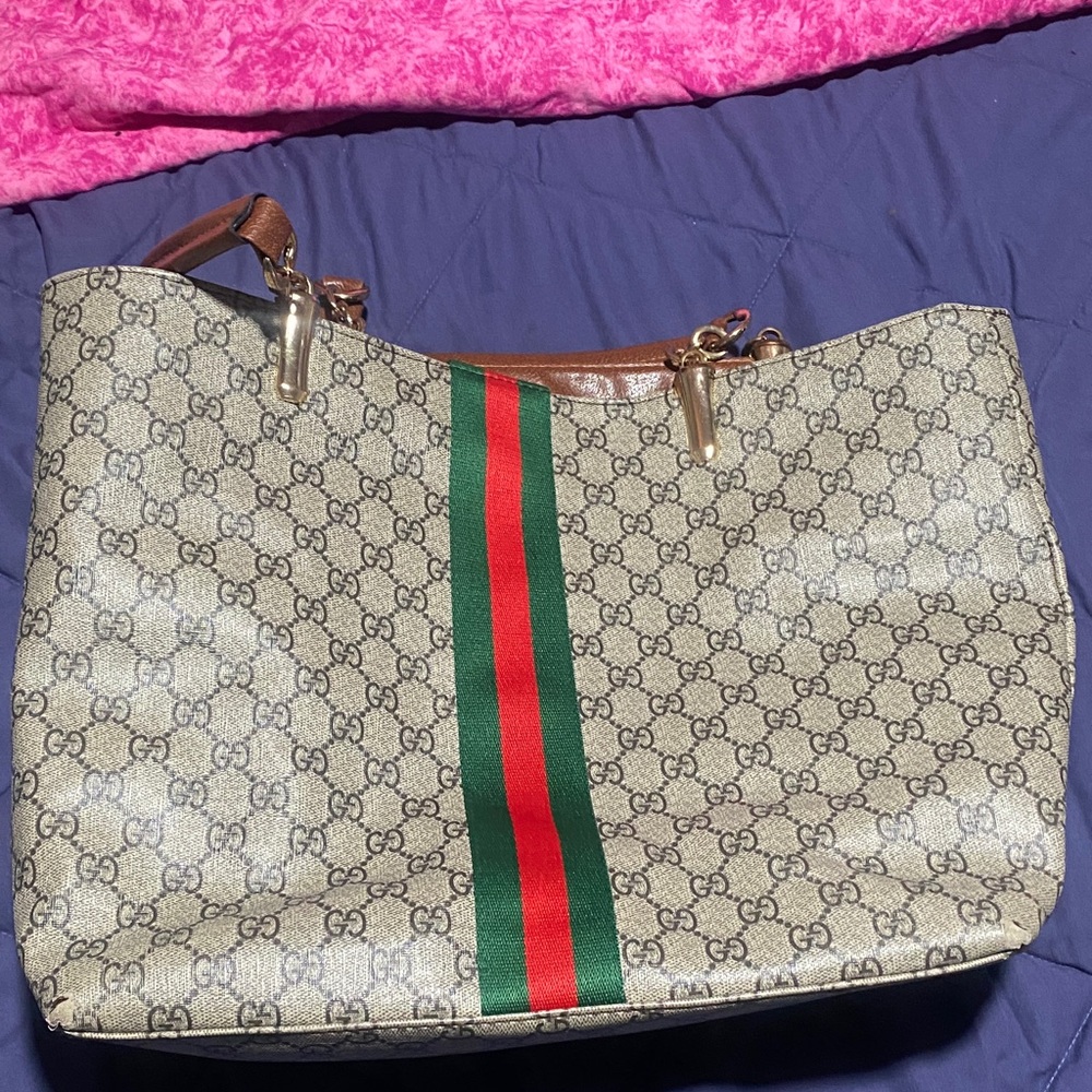 Gucci Beige Tote with Red and Green Stripe